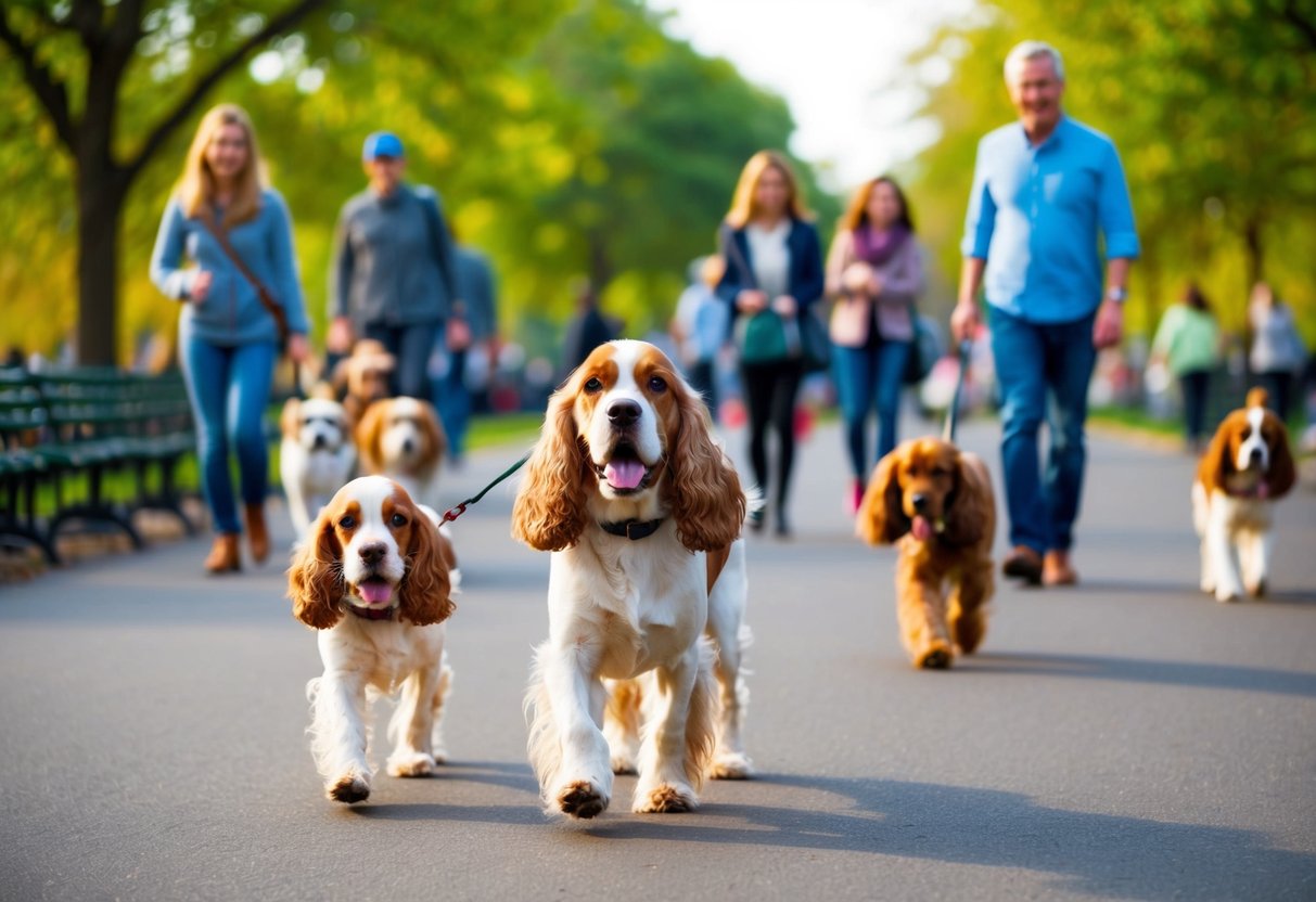 A cocker spaniel eagerly follows its owner on a morning walk through a bustling park, greeting other dogs and their owners along the way