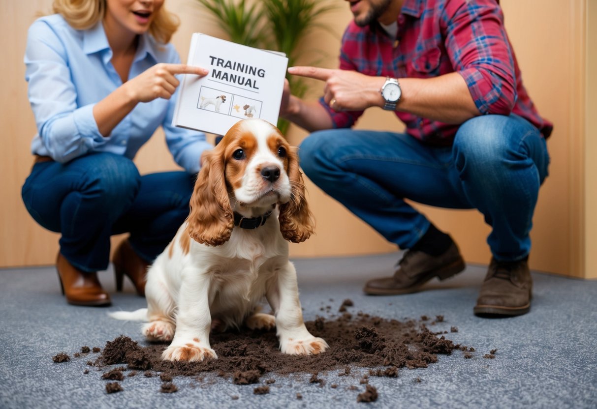 A cocker spaniel puppy has made a mess on the carpet, while a frustrated owner holds a training manual and points to a designated potty area