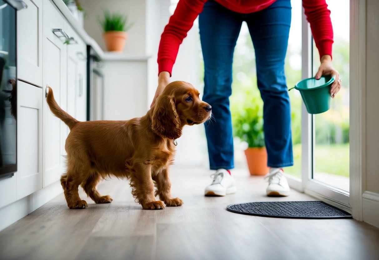 A cocker spaniel puppy has accidents indoors, while the owner patiently guides it to a designated potty area outside