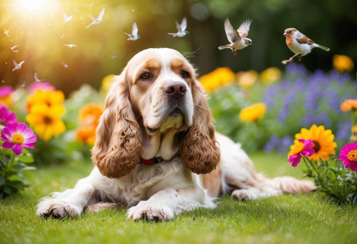 A calm, older cocker spaniel lies contentedly in a sunlit garden, surrounded by colorful flowers and chirping birds
