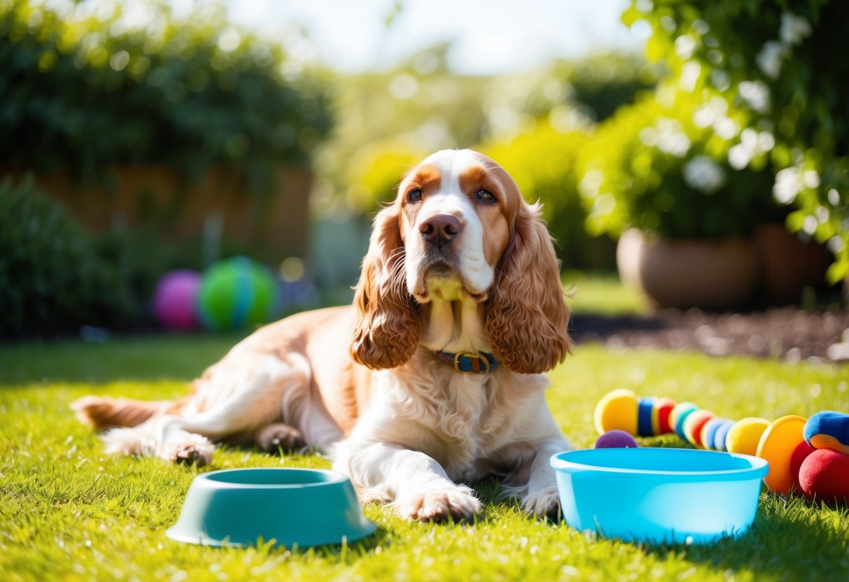 A serene, older cocker spaniel lounging contentedly in a sun-dappled garden, surrounded by toys and a water bowl