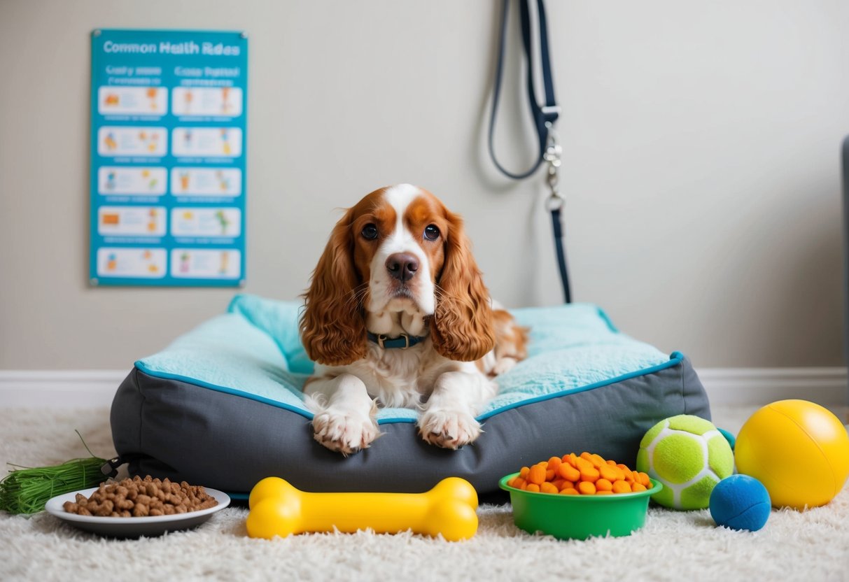 A Cocker Spaniel lying on a soft bed, surrounded by healthy dog food, toys, and a leash. A chart on the wall shows common health issues