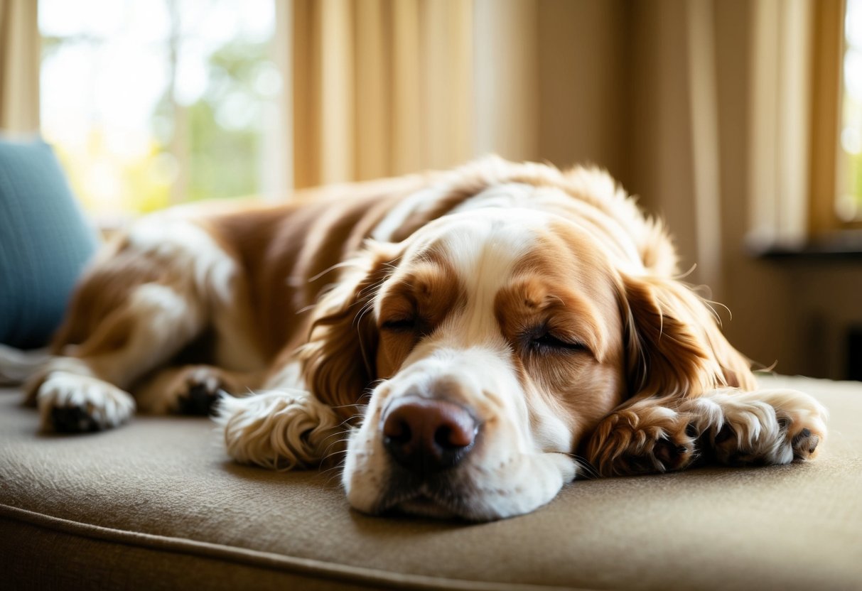 A serene, older cocker spaniel peacefully resting in a cozy, sunlit room