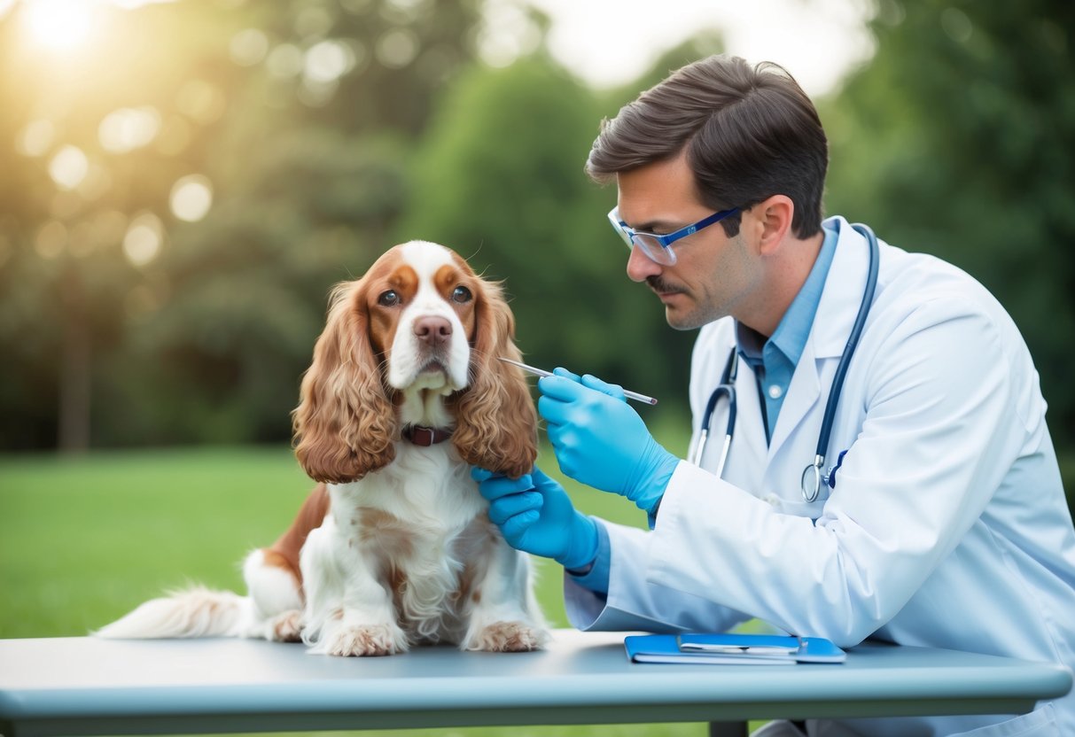 A veterinarian examining a cocker spaniel for signs of preventable diseases and external health threats