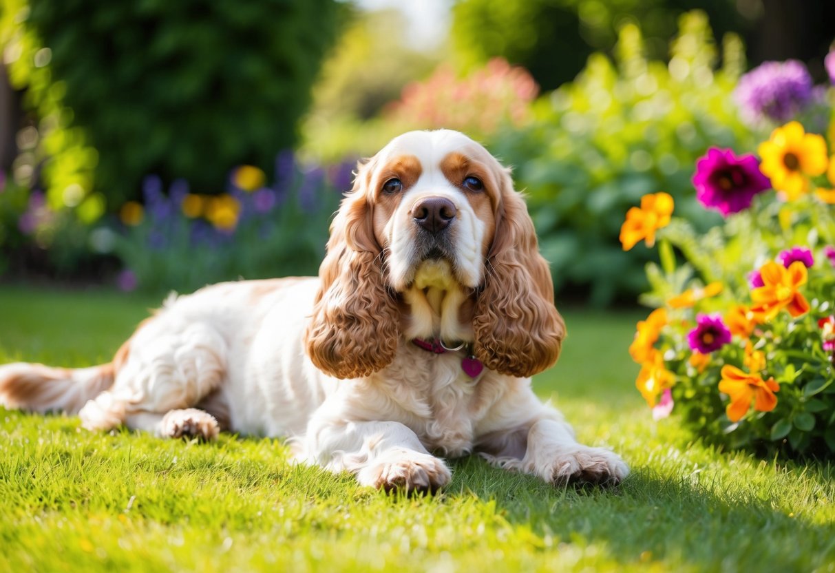 A serene, aging cocker spaniel lounges contentedly in a sunny garden, surrounded by vibrant greenery and colorful flowers