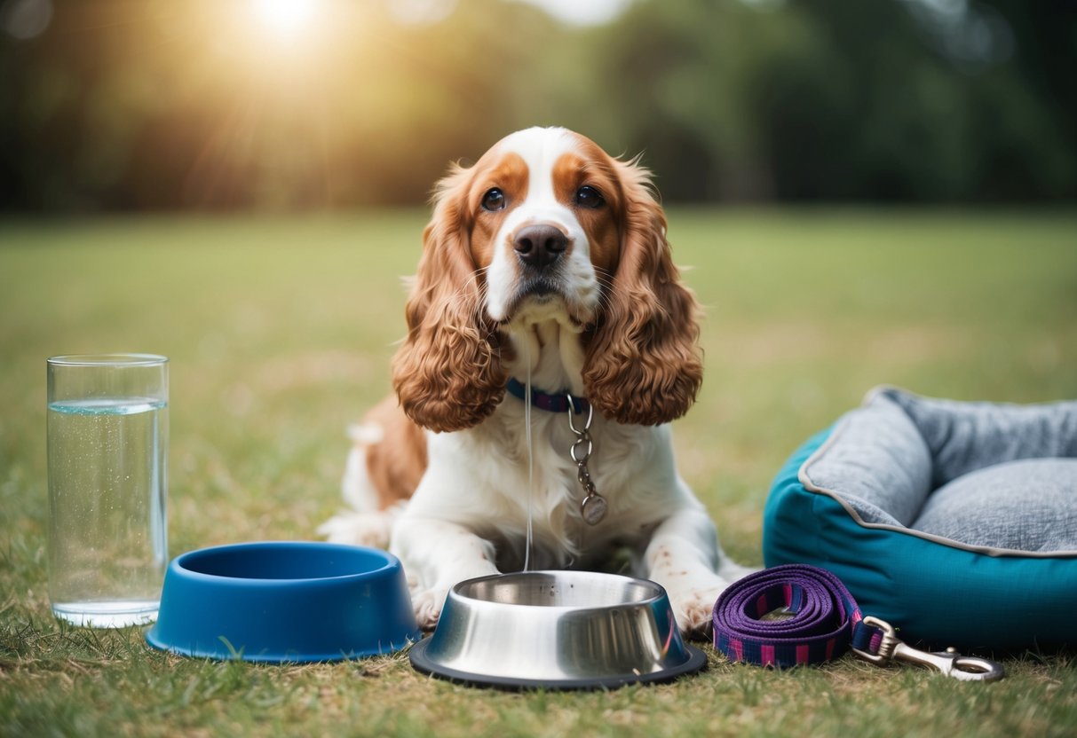 A cocker spaniel sits alone, tears streaming down its face, surrounded by various health and wellness items such as a water bowl, leash, and dog bed