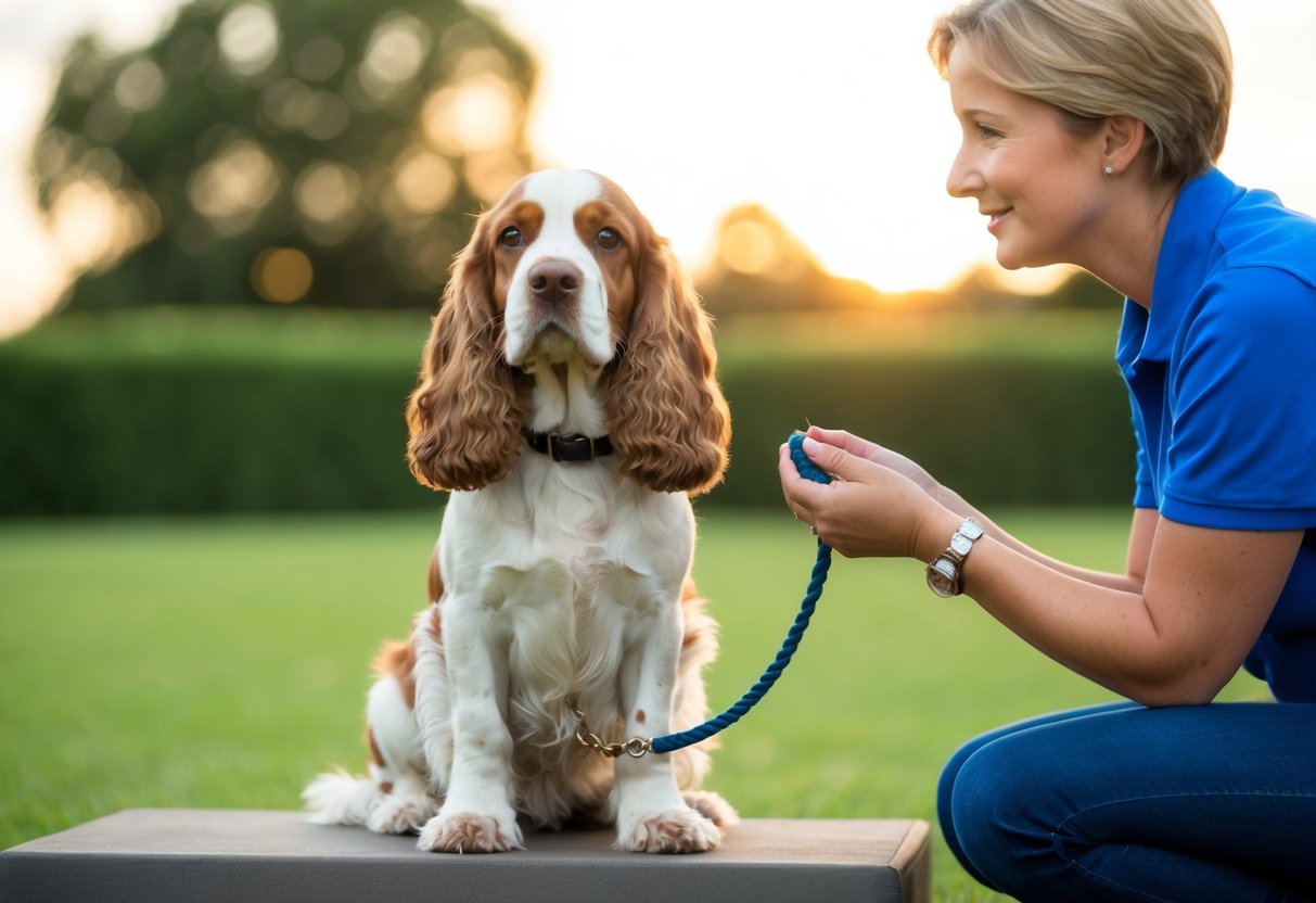 A cocker spaniel sits calmly while its owner uses positive reinforcement to train and manage its behavior