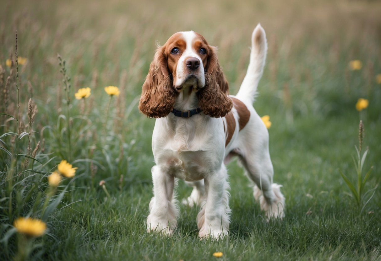 A cocker spaniel stands poised and alert in a field, surrounded by tall grass and wildflowers. Its coat is sleek and well-groomed, and its posture exudes confidence and grace