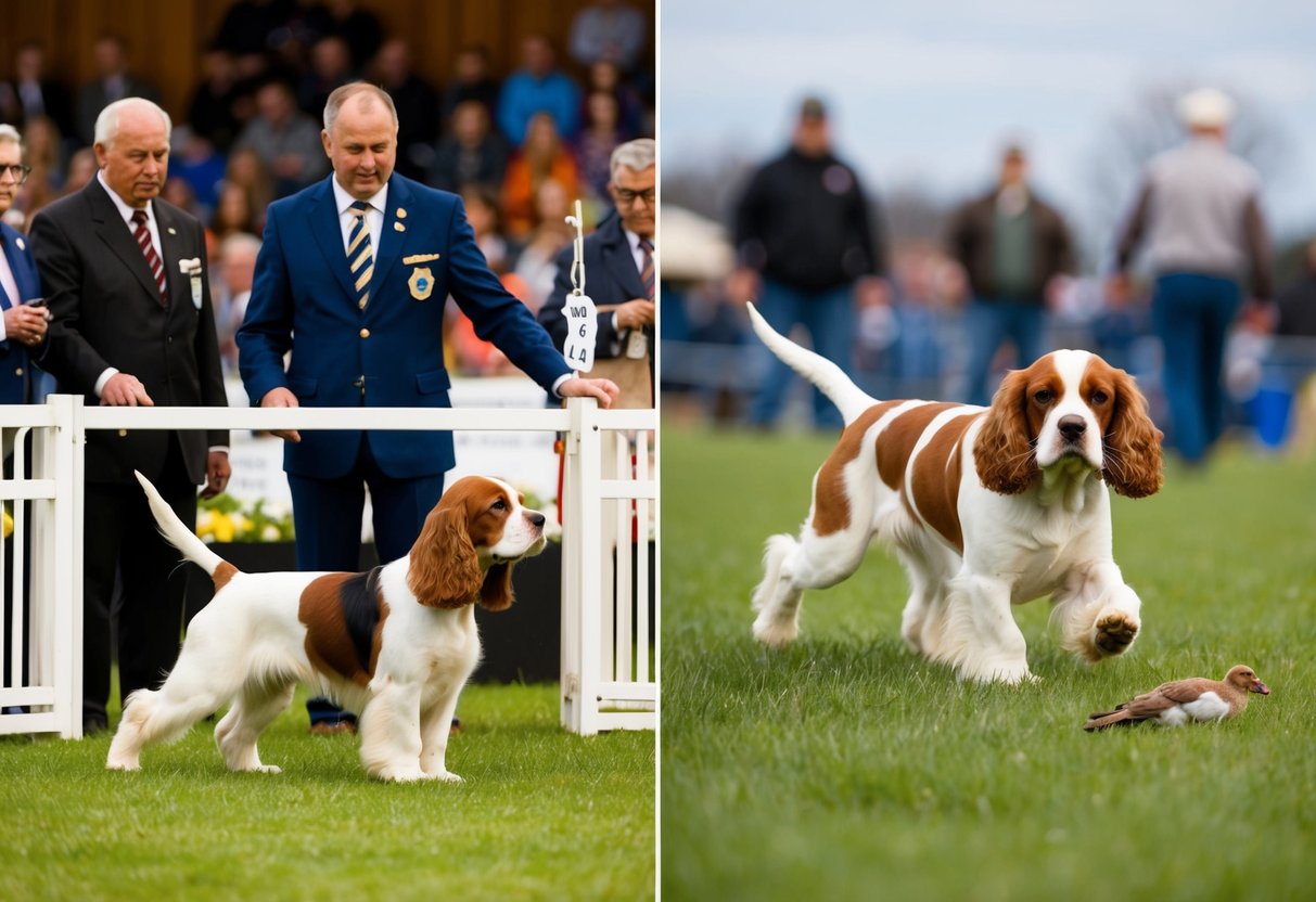 A Cocker Spaniel stands in a show ring with judges and spectators, while another Cocker Spaniel is seen working in a field, retrieving a bird