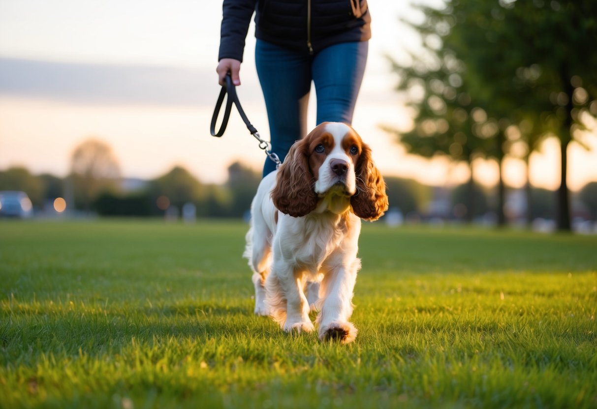 A cocker spaniel walks outside in a park, leash in hand. The sun is setting, casting a warm glow on the grass