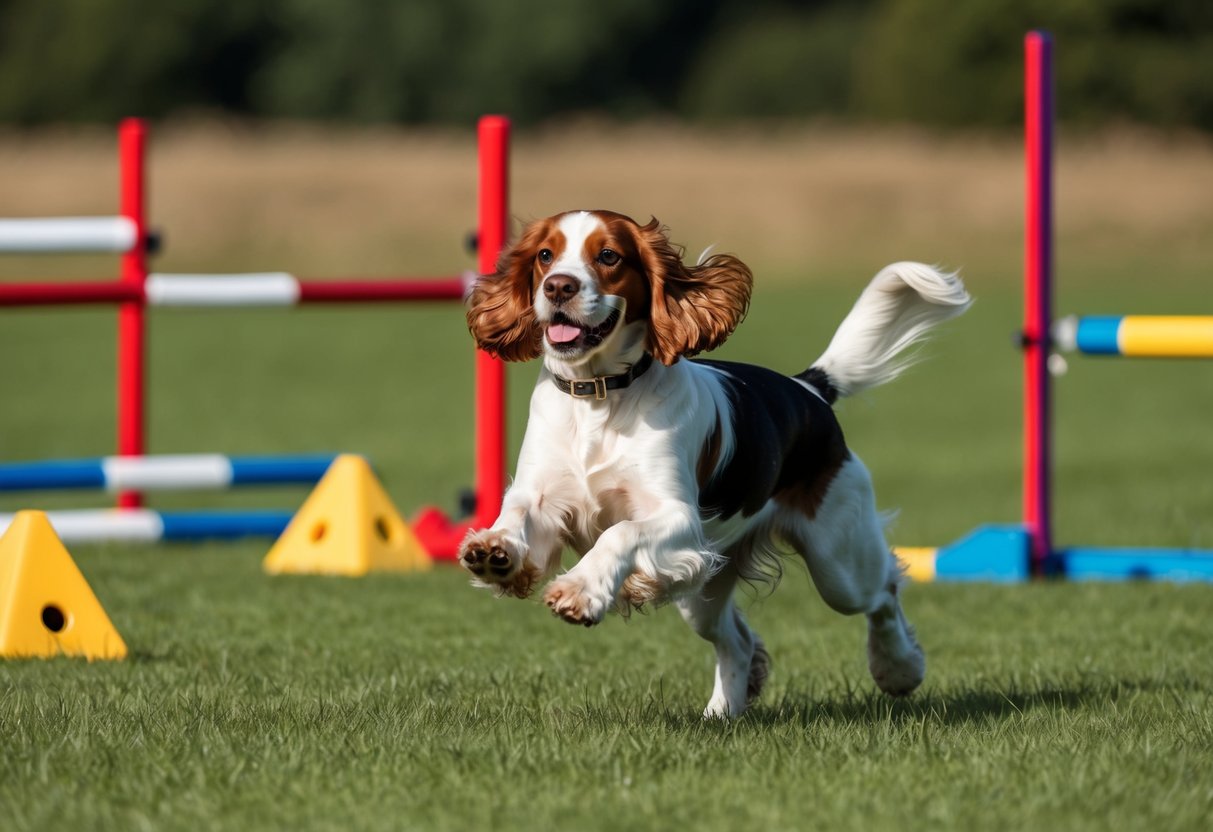 A cocker spaniel running in a field, with a shiny coat and energetic posture, surrounded by agility equipment and toys