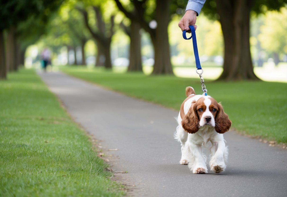 A cocker spaniel being walked in a park, with trees, grass, and a path in the background