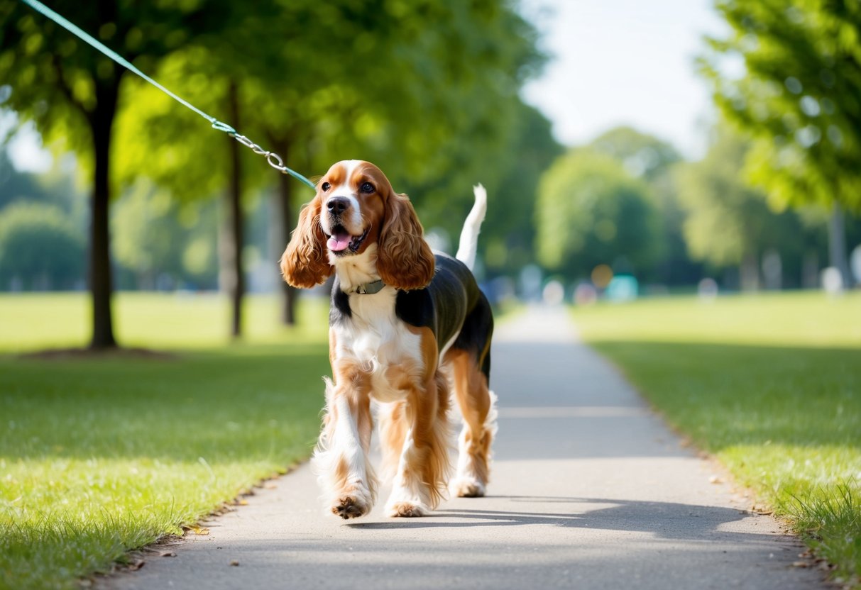 A cocker spaniel is being walked in a park, with trees and a clear pathway in the background. The dog is on a leash, and its tail is wagging happily
