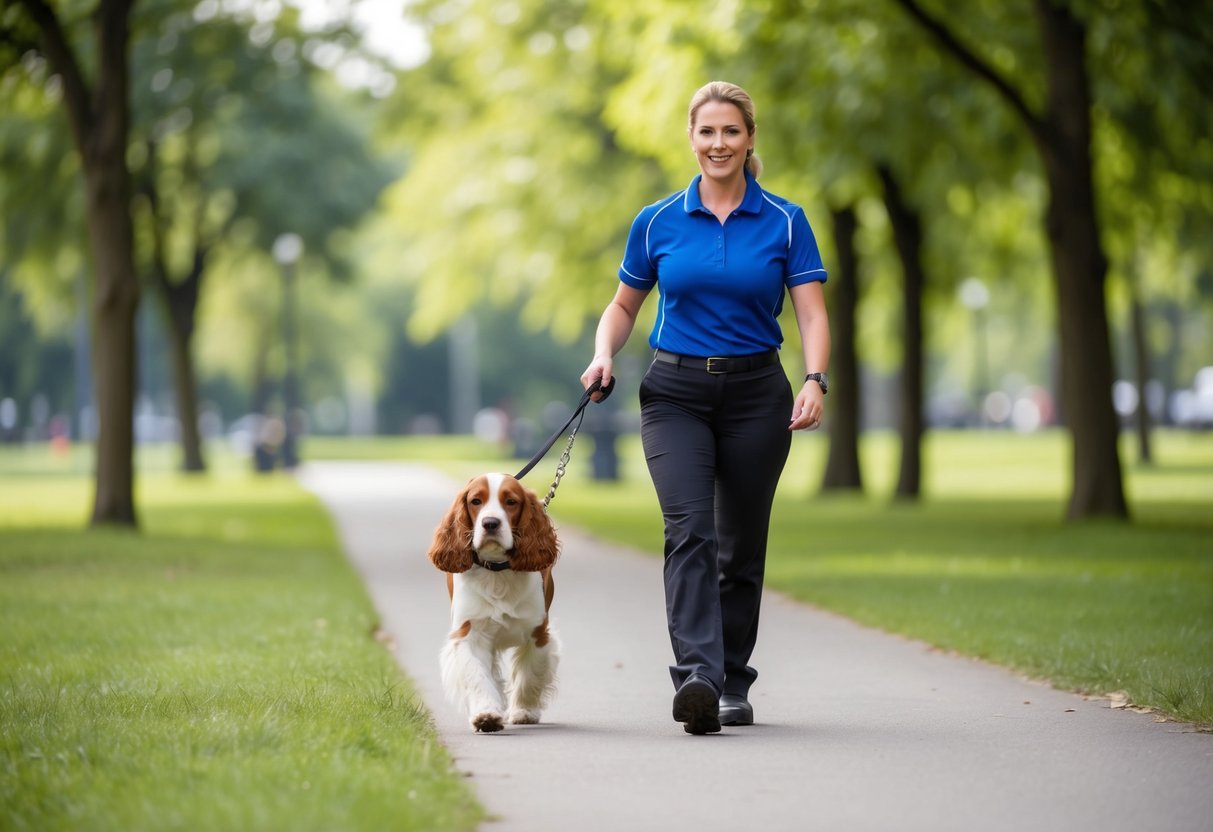 A professional trainer walking a cocker spaniel twice a day in a park