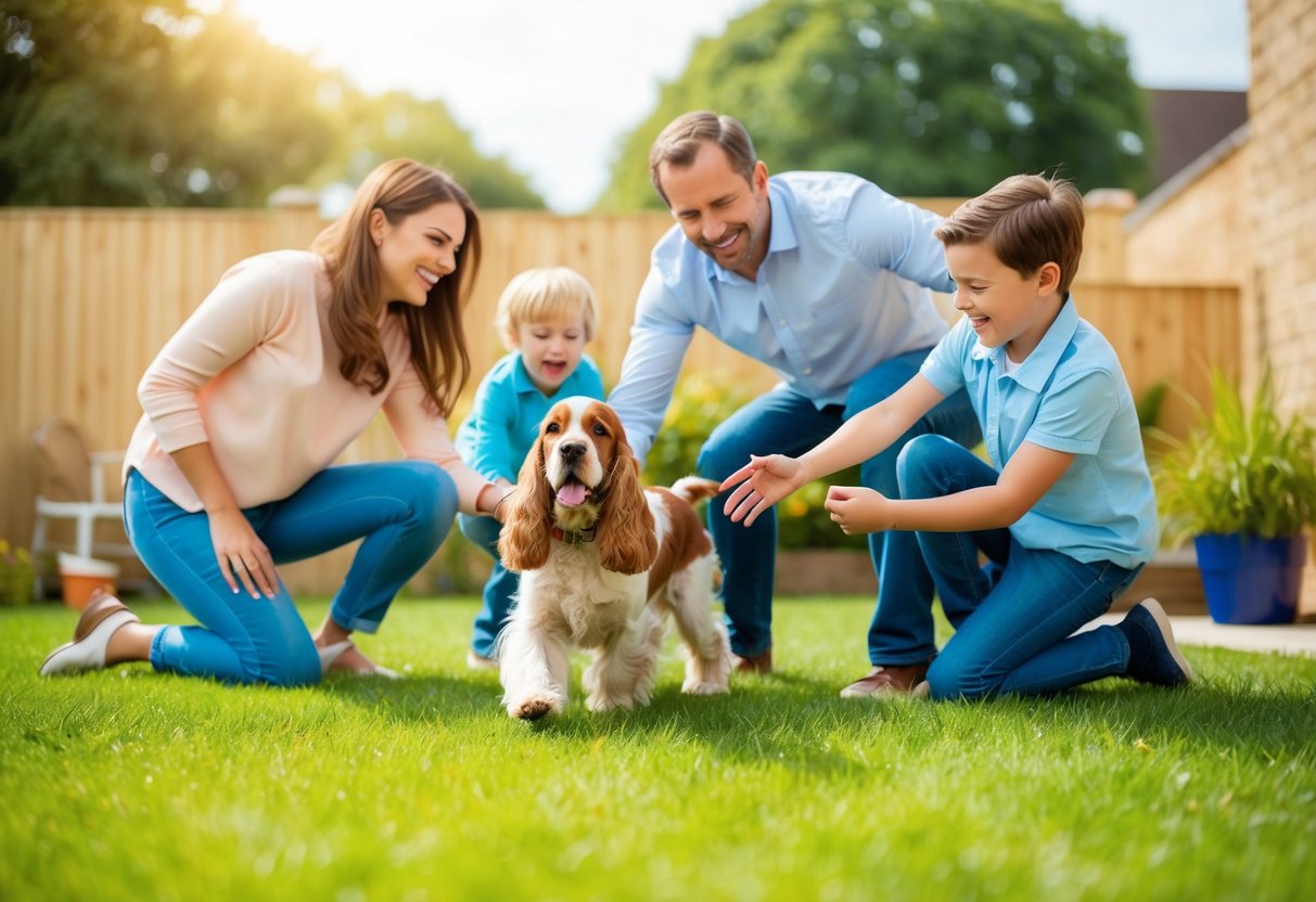 A happy family playing with a lively cocker spaniel in a sunny backyard, but struggling to keep up with its high energy and grooming needs