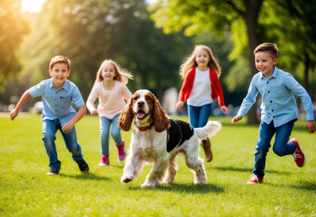 A joyful cocker spaniel playing with a group of happy children in a sunny park