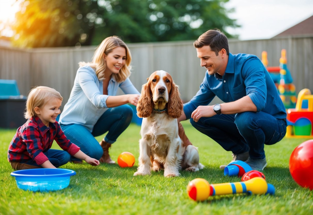 A family playing with a friendly cocker spaniel in a spacious backyard, surrounded by toys and a water bowl