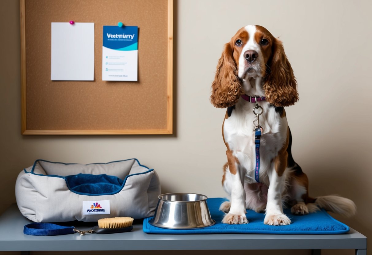 A Cocker Spaniel sitting beside a dog bed with a bowl of water, a leash, and a brush nearby. A veterinarian's business card is pinned to the bulletin board