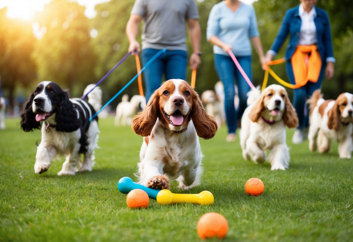 A happy cocker spaniel playing with toys in a park surrounded by other dogs and people, engaging in socialization and obedience training