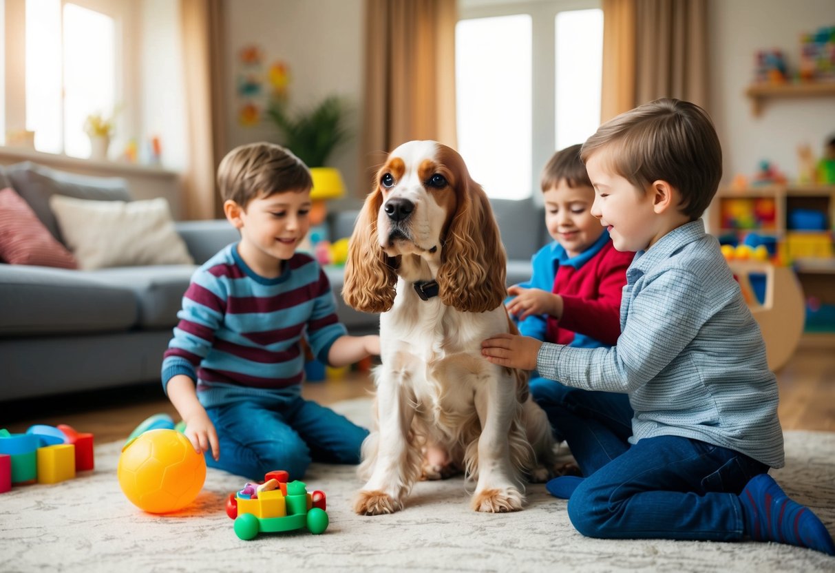 A Cocker Spaniel plays with children in a cozy family living room, surrounded by toys and a warm, inviting atmosphere