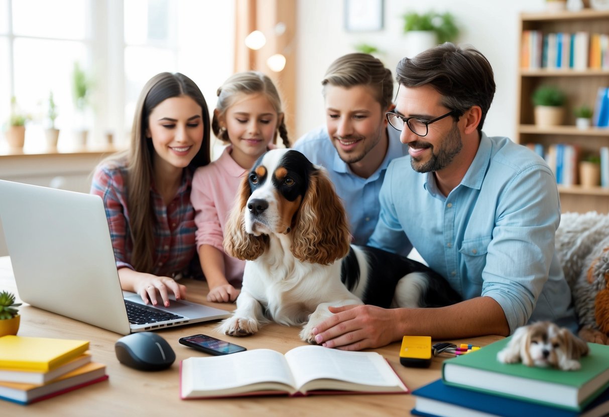 A family researching cocker spaniels, surrounded by books and computer, with a list of dog supplies and a cozy dog bed
