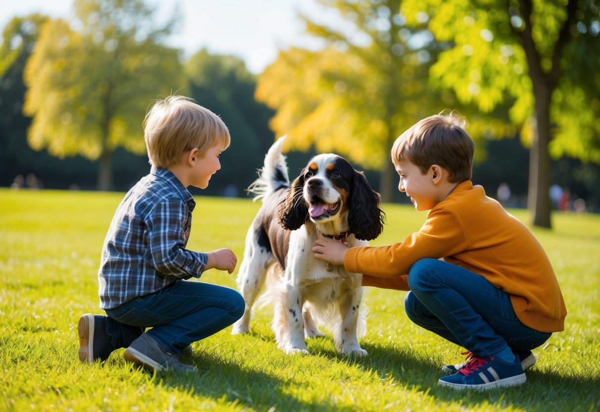 A lively scene of a playful spaniel interacting gently with children in a sunny, grassy park setting