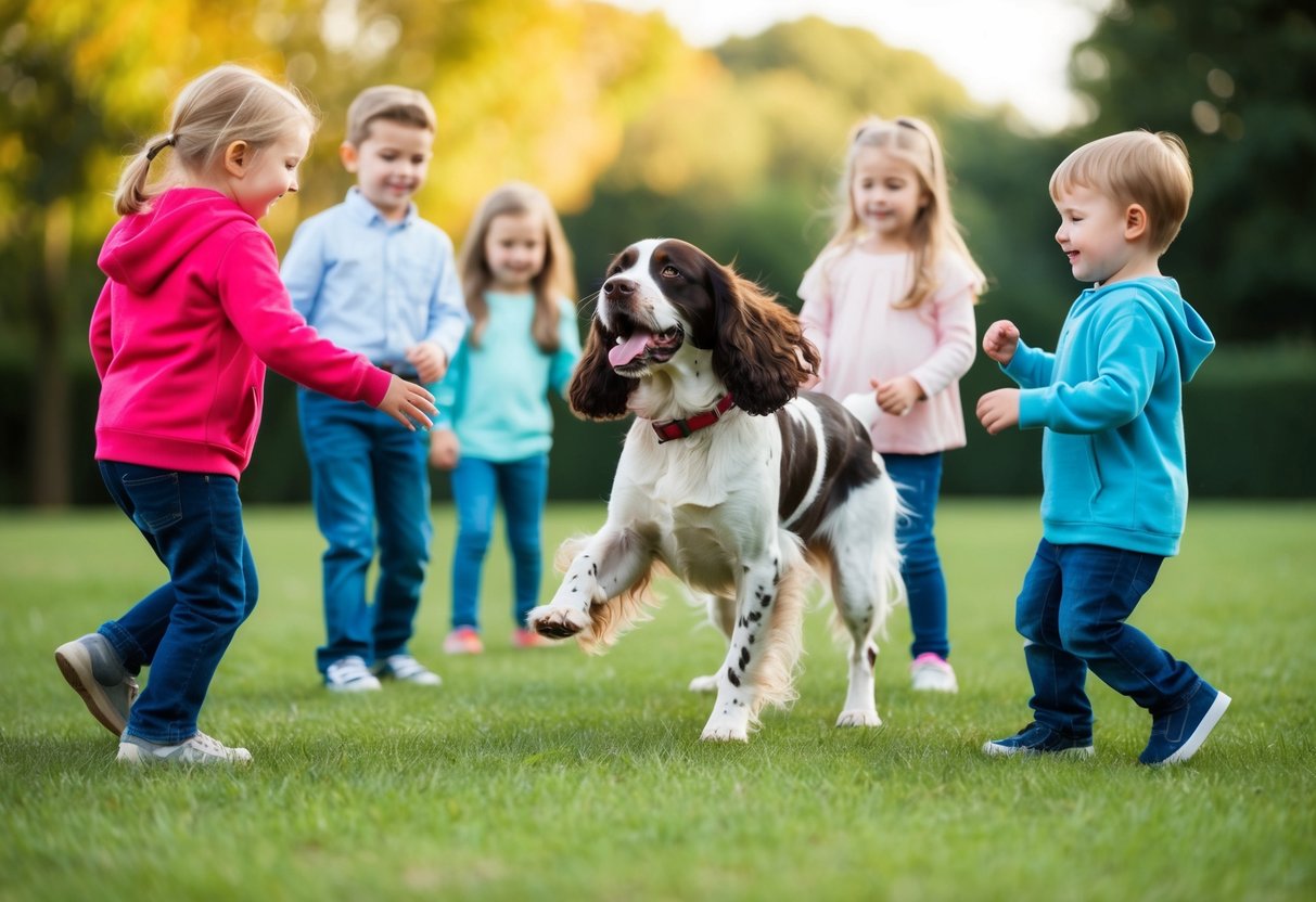 A happy, playful spaniel interacting with a group of children in a spacious and safe outdoor setting