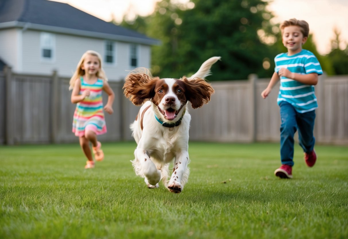 A playful spaniel running and playing with children in a spacious, fenced backyard