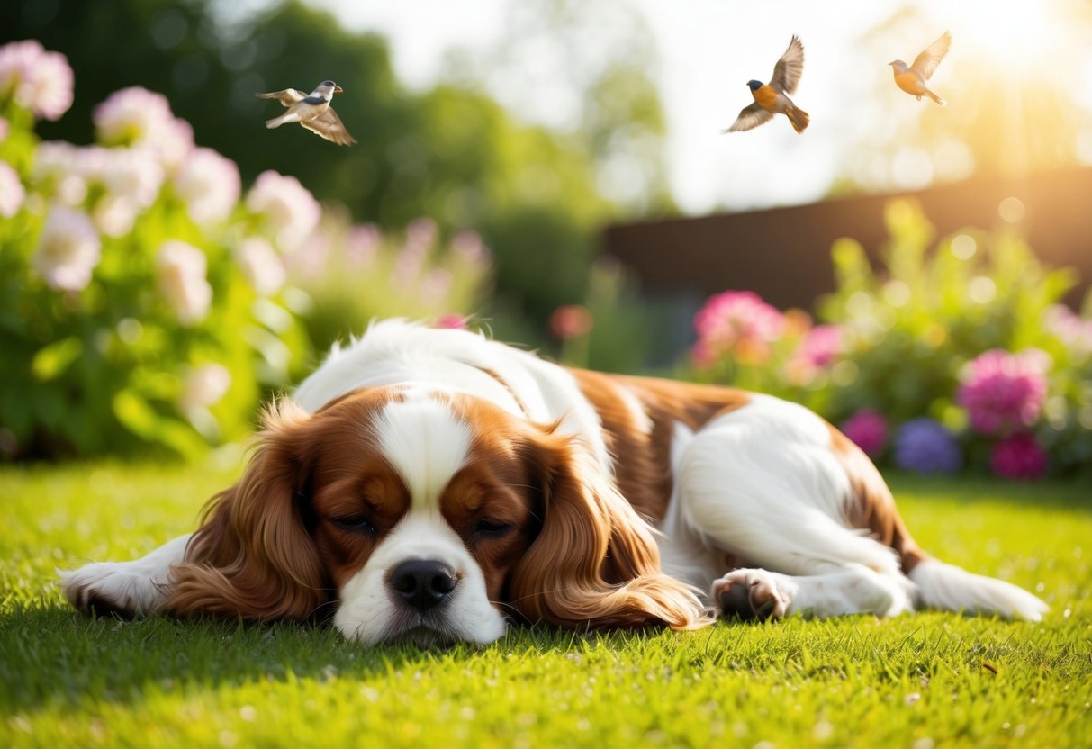 A peaceful King Charles spaniel rests quietly in a sunlit garden, surrounded by blooming flowers and chirping birds