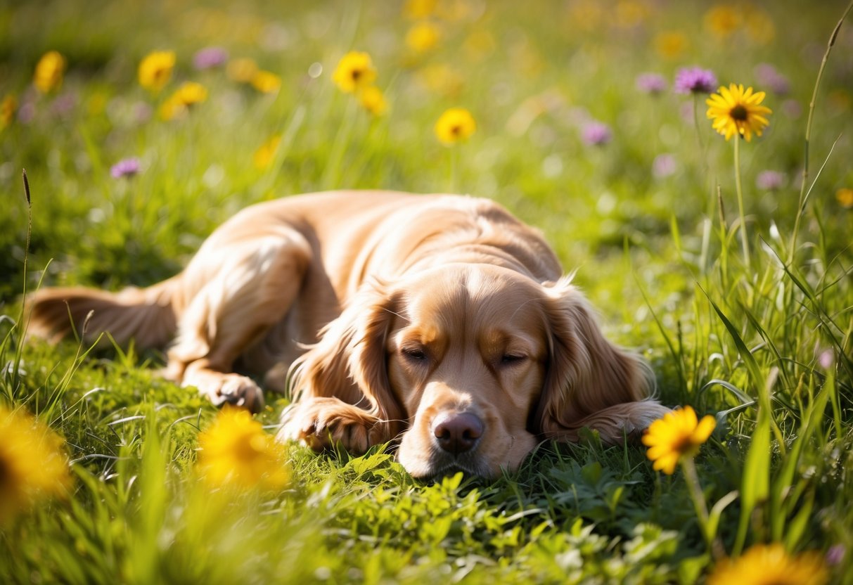 A golden spaniel lies peacefully in a sunlit meadow, surrounded by wildflowers and tall grass. Its eyes are closed, and its ears are gently blowing in the breeze