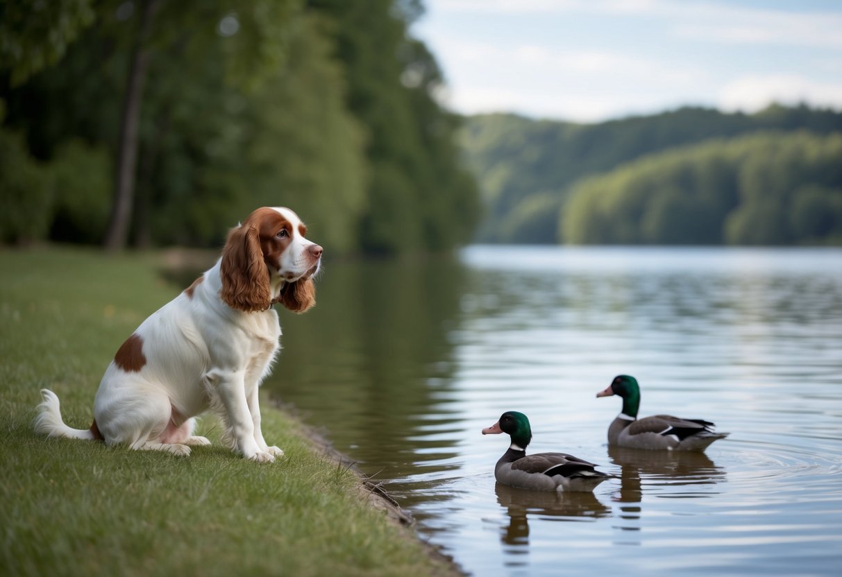 A calm, quiet spaniel sits beside a serene lake, watching ducks without barking