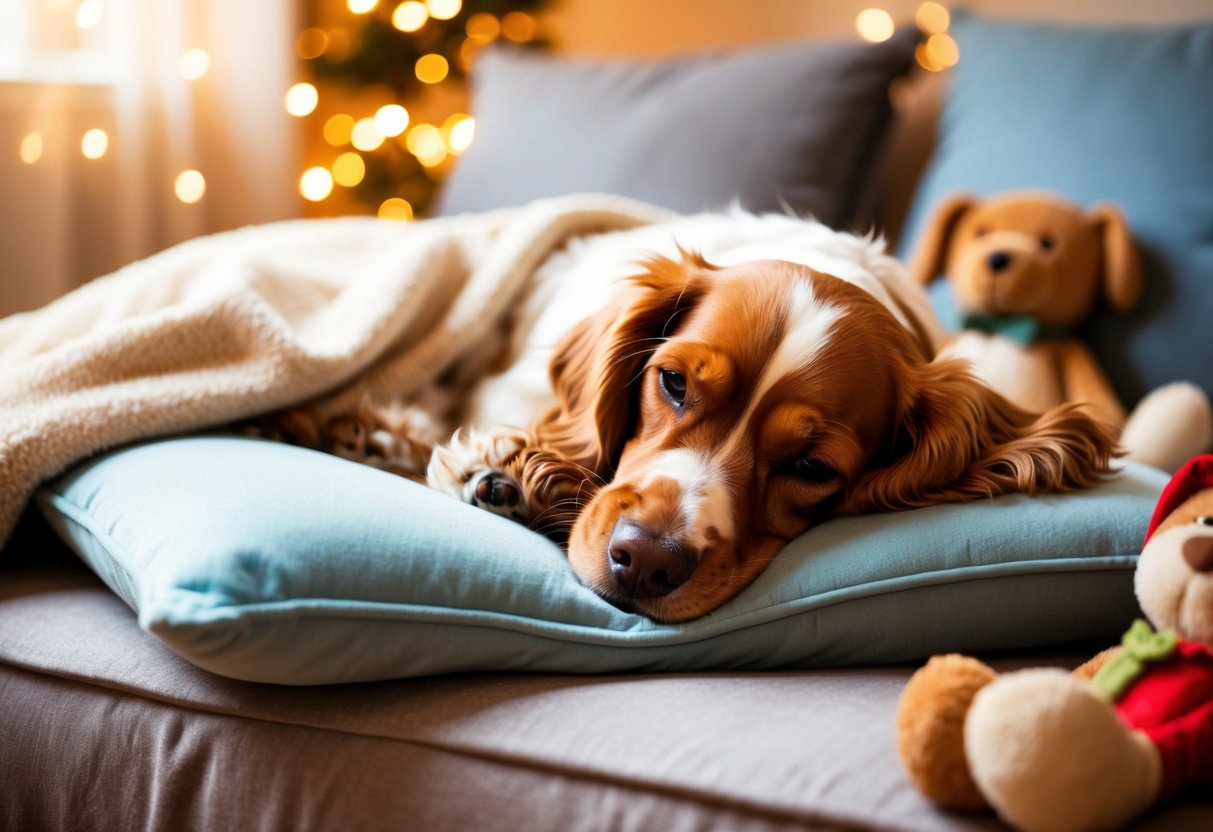 A Cocker Spaniel snuggles on a cozy blanket, resting its head on a cushion, surrounded by plush toys and a warm, inviting atmosphere