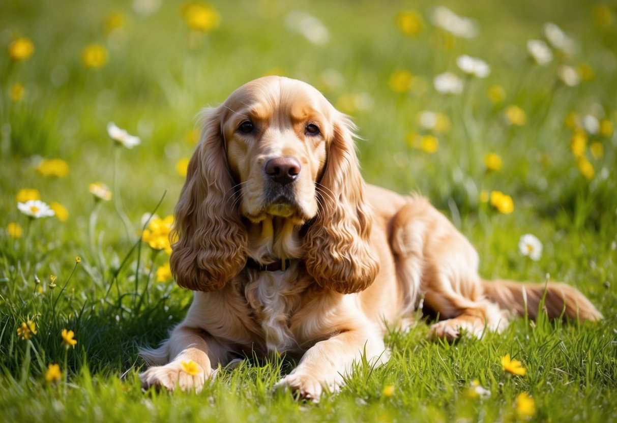 A golden Cocker Spaniel lies peacefully in a sun-dappled meadow, with gentle eyes and relaxed posture