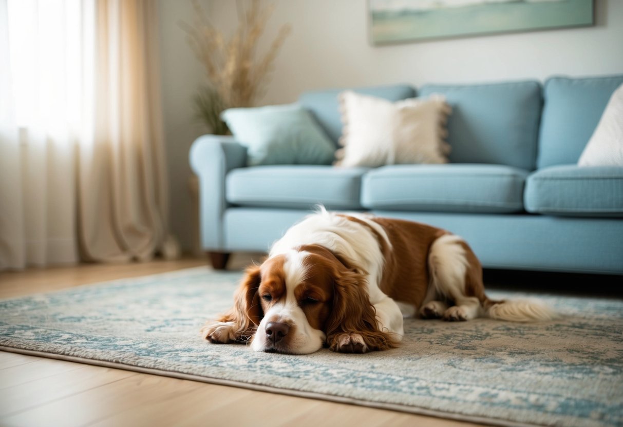 A peaceful living room with a content spaniel lying quietly on a cozy rug, surrounded by serene decor and soft natural lighting