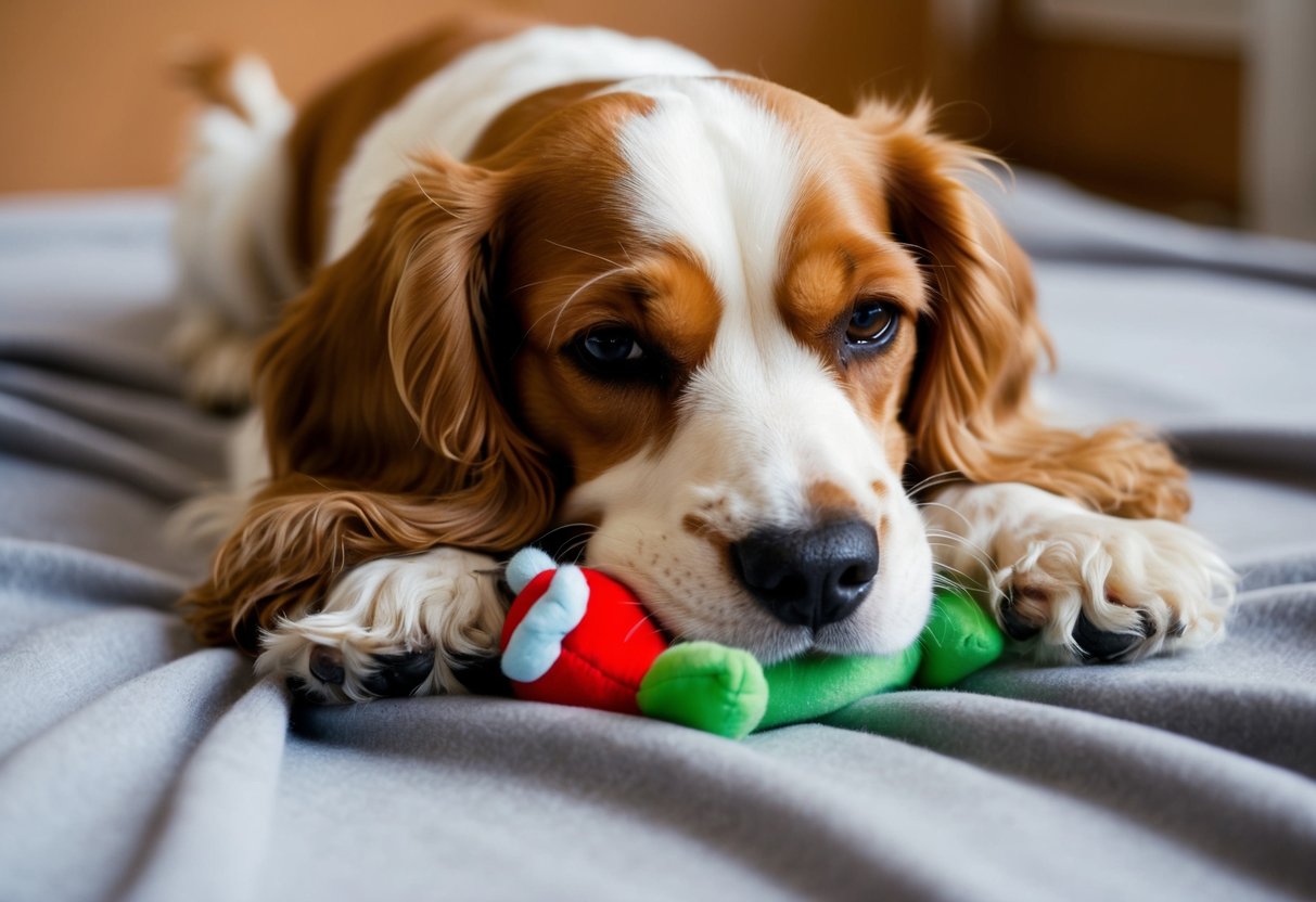 A Cocker Spaniel resting on a soft blanket, nuzzling a stuffed toy with a content expression on its face