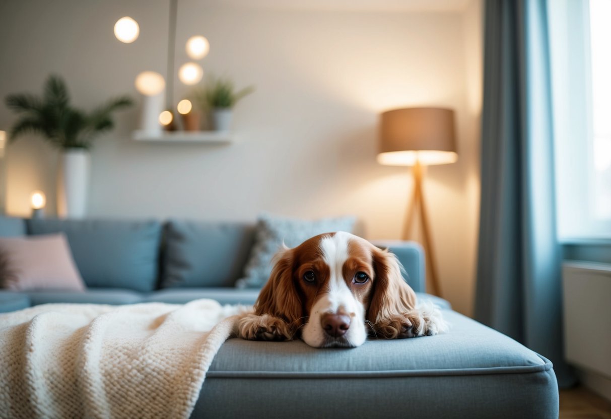 A cozy living room with soft lighting, a comfortable bed, and a quiet atmosphere for the calmest spaniel