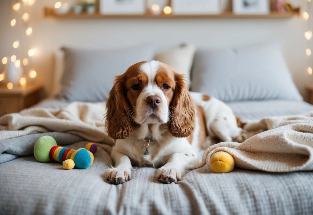A peaceful scene of a content spaniel lounging in a cozy bed, surrounded by gentle toys and a comforting blanket