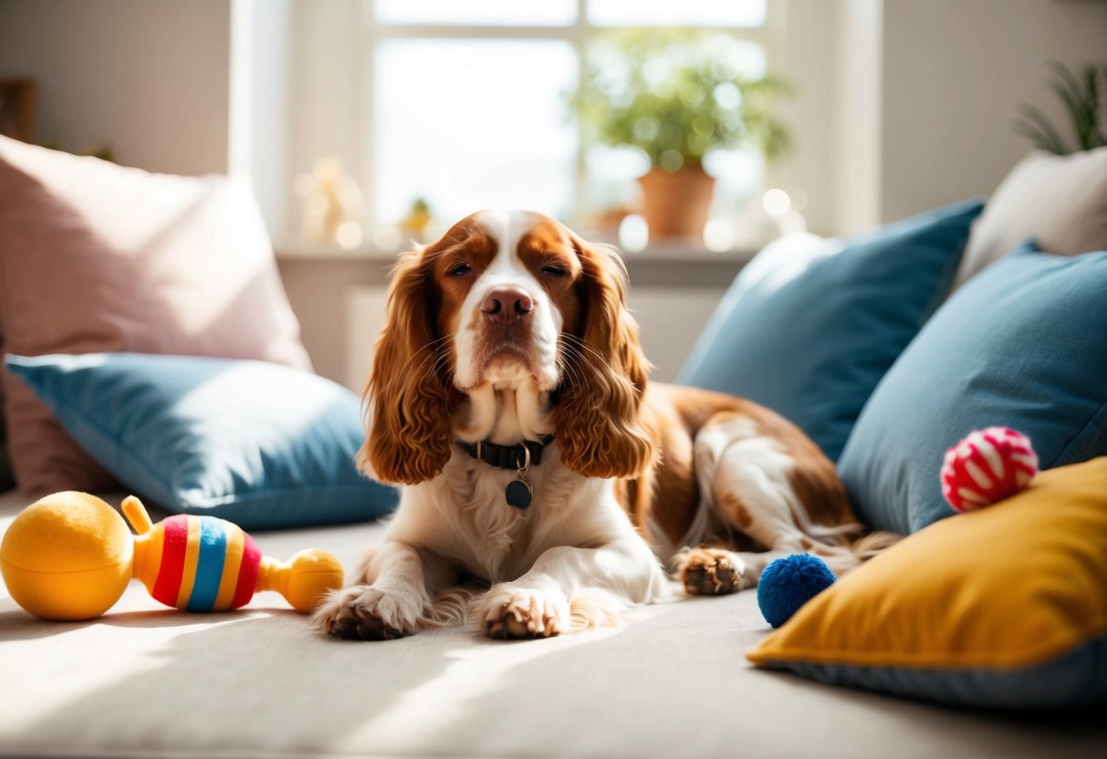 A peaceful spaniel lounges in a sunlit room, surrounded by soft cushions and toys, with a gentle smile on its face