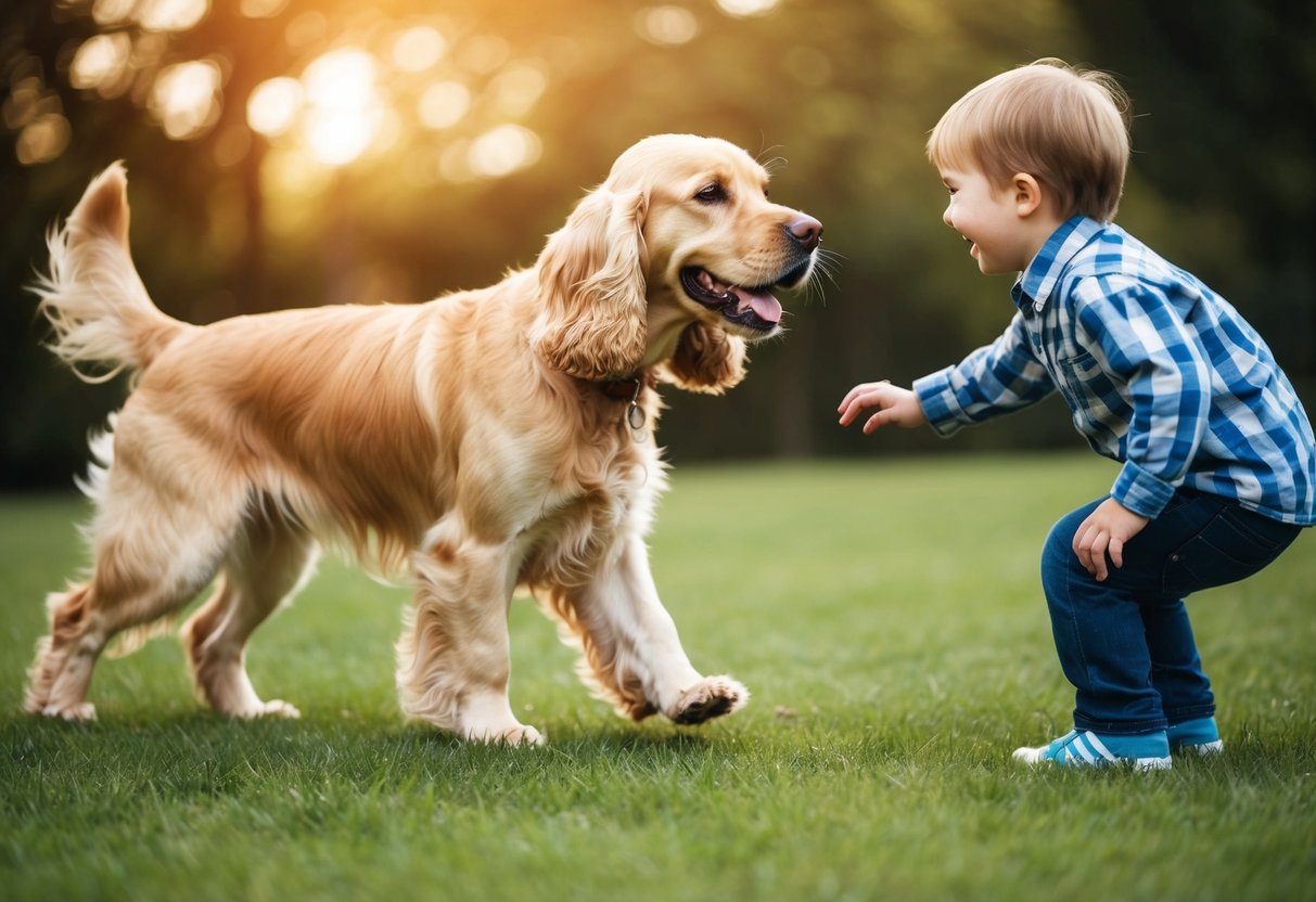 A golden Cocker Spaniel wagging its tail, approaching a child with a big smile on its face