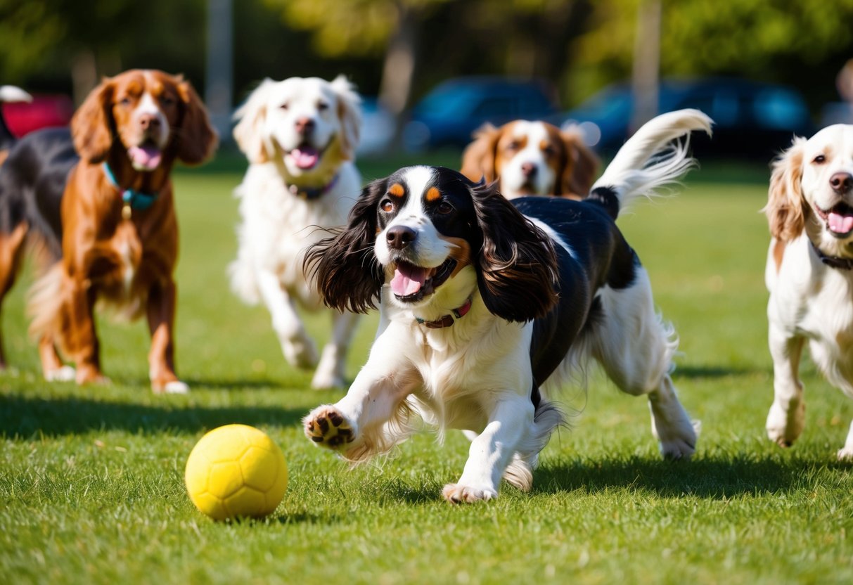 A happy spaniel playing fetch in a sunny park, surrounded by other friendly spaniels