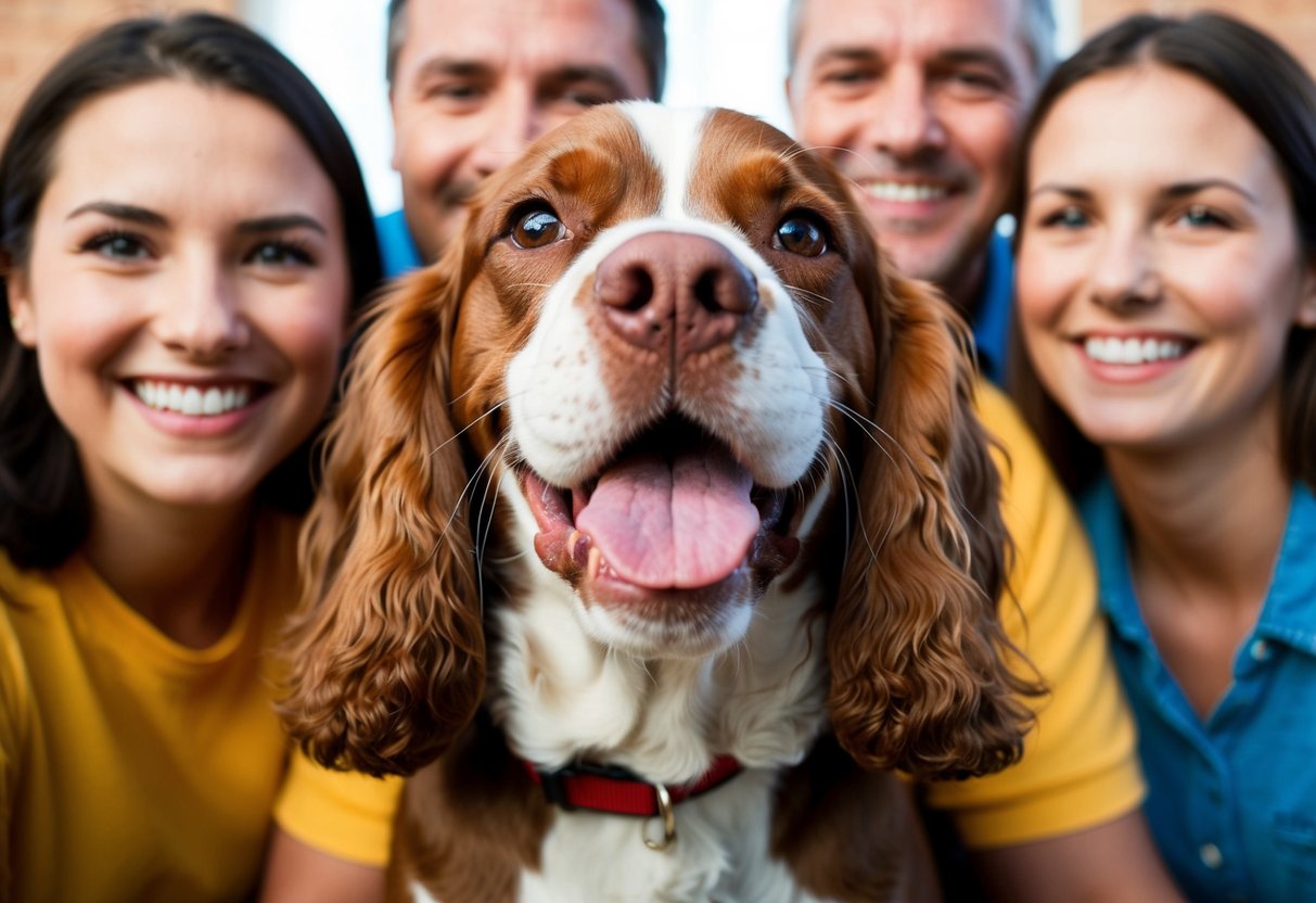 A wagging spaniel surrounded by smiling faces