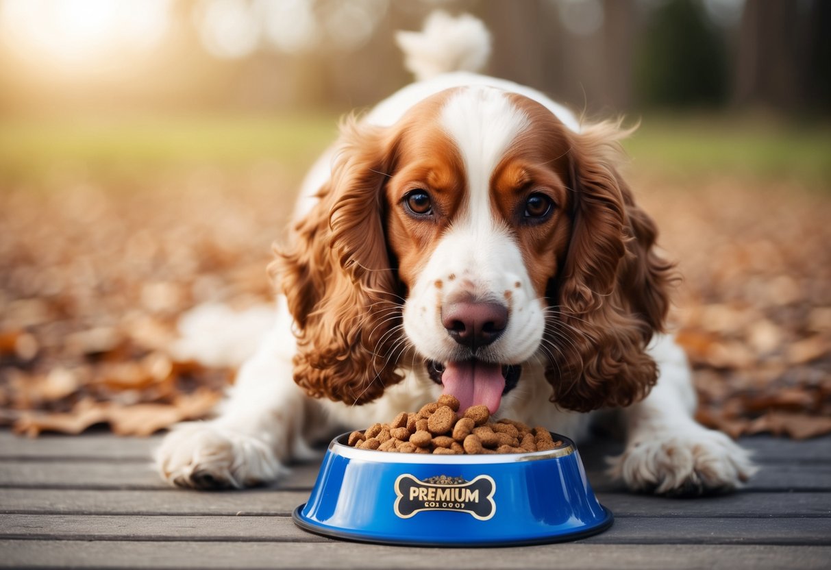 A cocker spaniel eagerly eats from a bowl of premium dog food, tail wagging and ears perked up in excitement