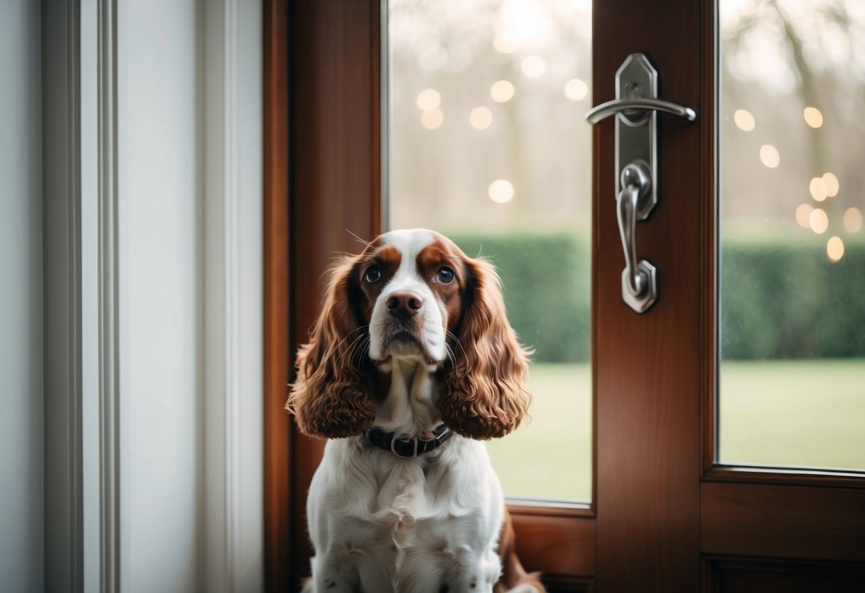 A spaniel sitting patiently by the door, looking out the window with a slightly worried expression