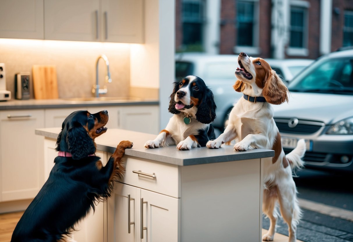 A spaniel is chewing on furniture while another is jumping on the counter. Another spaniel is barking incessantly at a passing car