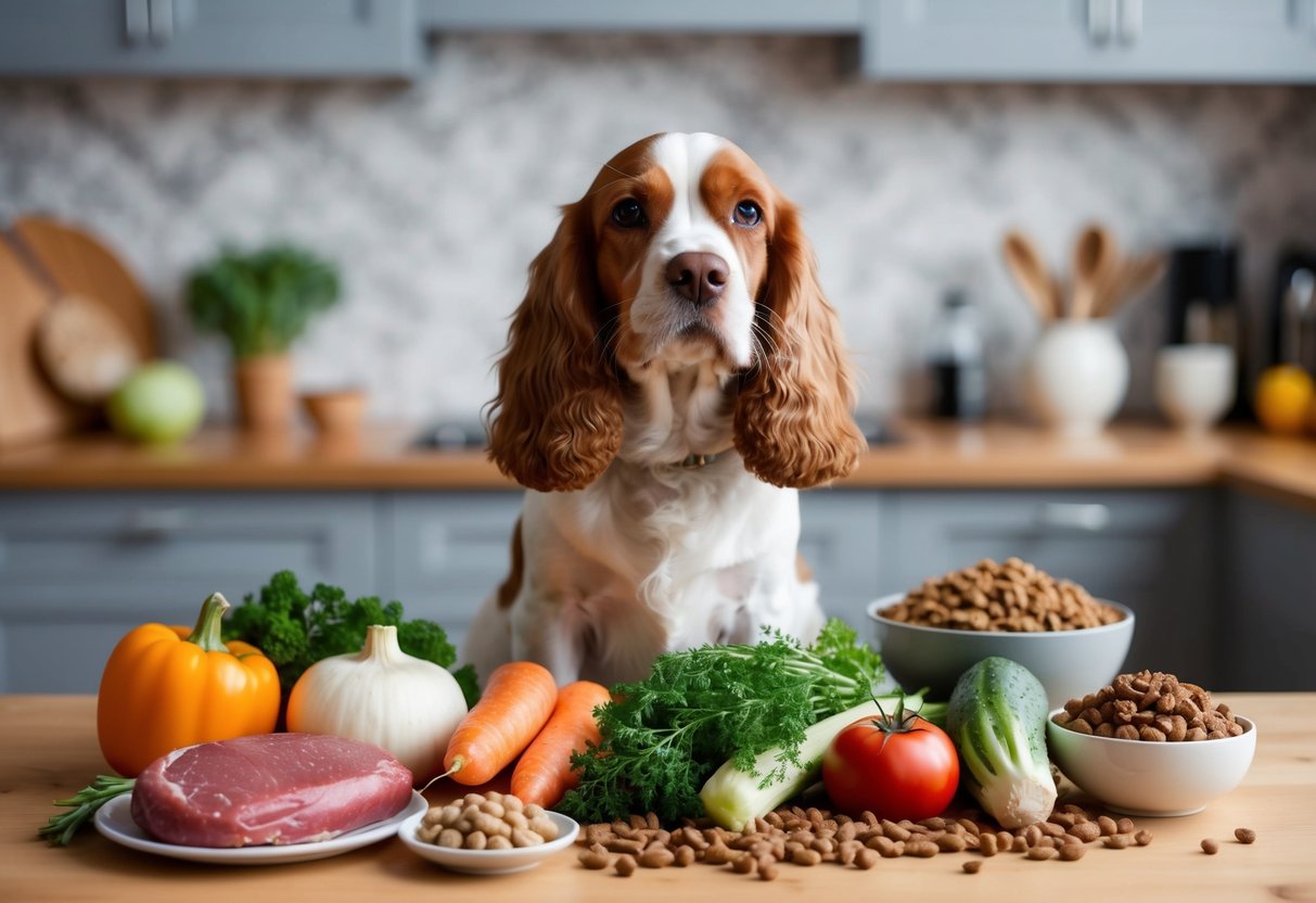 A cocker spaniel surrounded by a variety of dog-friendly food options, such as lean meats, vegetables, and high-quality kibble