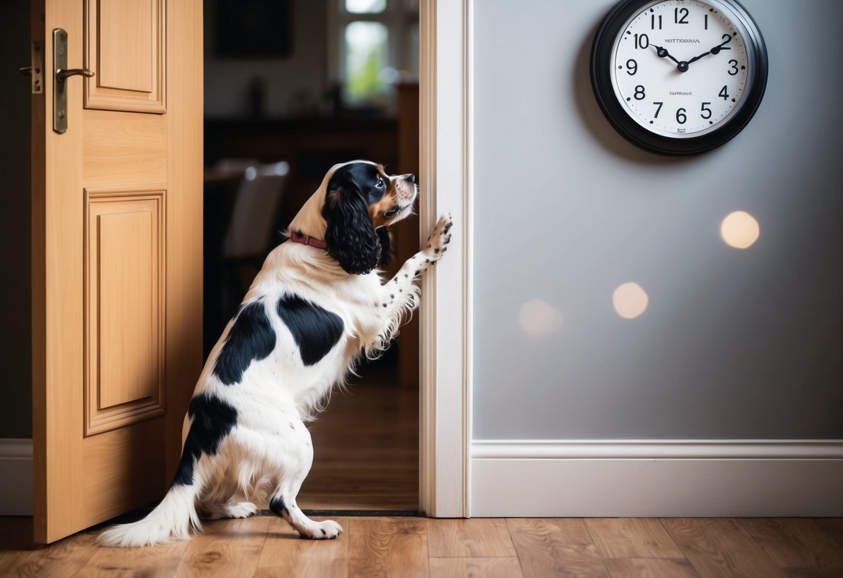 A spaniel anxiously waits by the door, pawing at it, as the clock on the wall ticks away