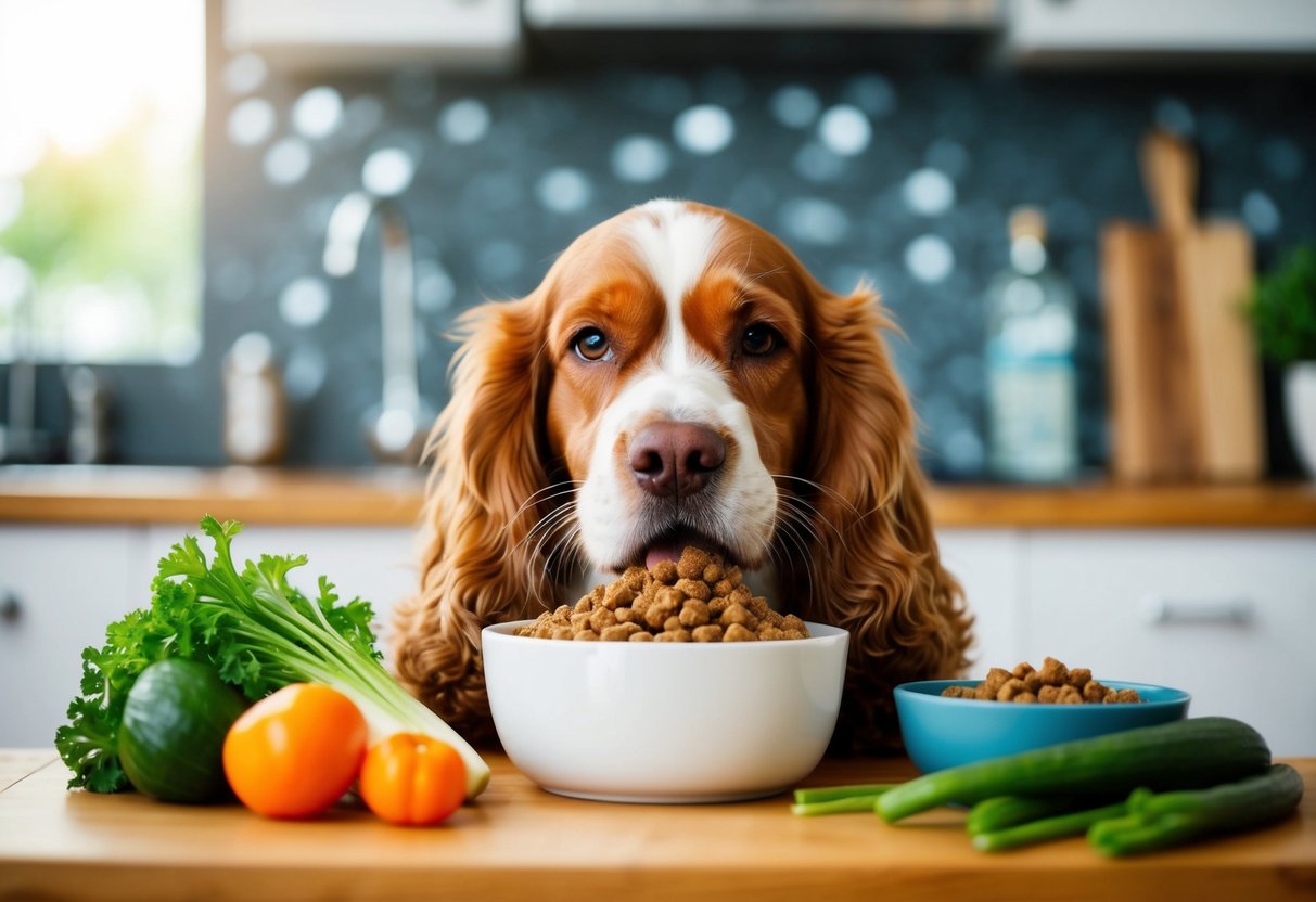 A cocker spaniel eagerly eats a bowl of balanced, high-quality dog food, surrounded by fresh vegetables and a water bowl