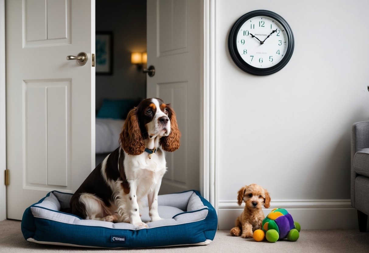 A spaniel sits patiently by a closed door, surrounded by toys and a comfortable bed. The clock on the wall shows the passing of time