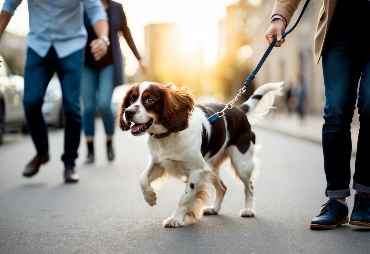 A spaniel pulling on a leash, jumping on people, and barking excessively