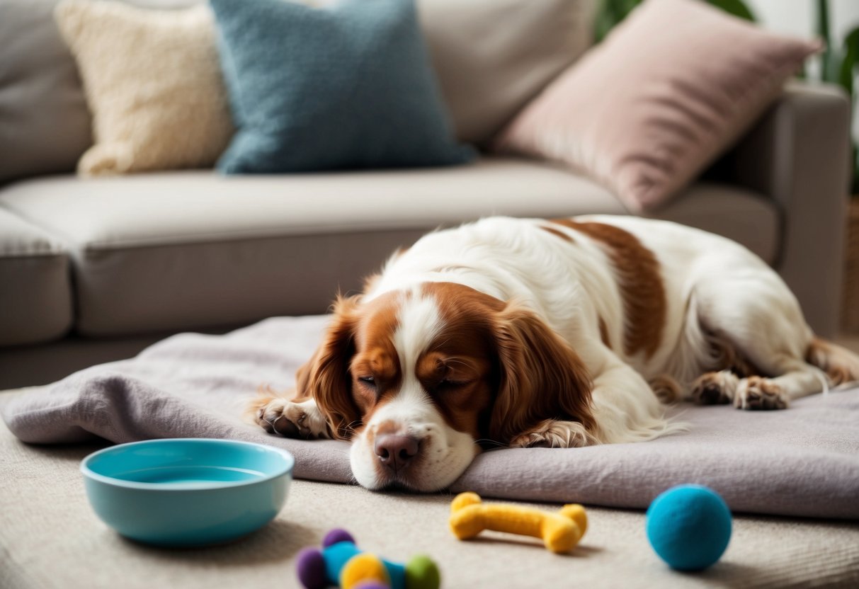A cozy living room with a sleeping spaniel on a soft blanket, a bowl of water, and a few toys scattered around